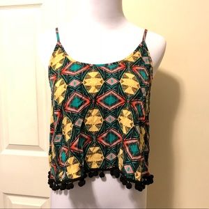 Printed Spaghetti Tank with Pom Poms